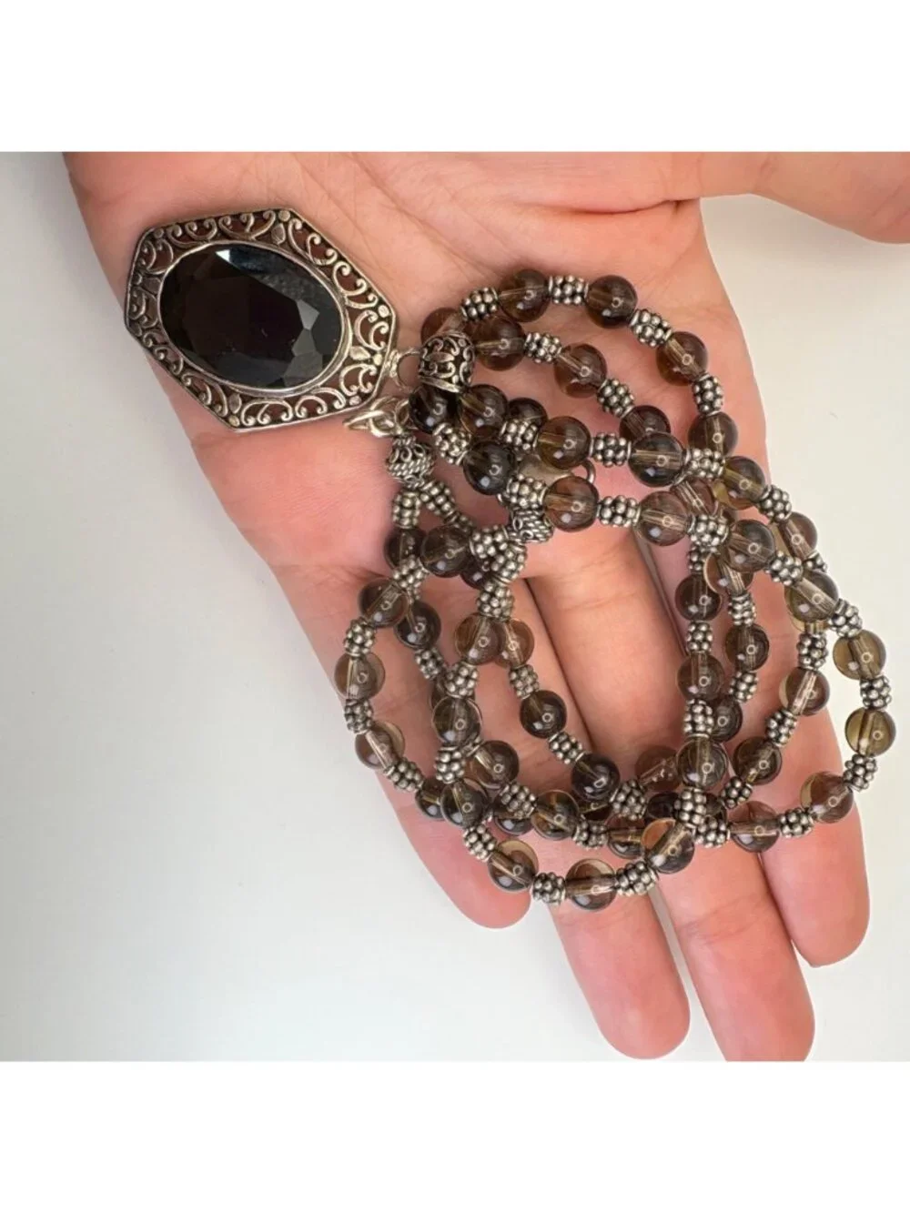 Smoky Quartz Beaded Sterling Silver 925 Necklace 16